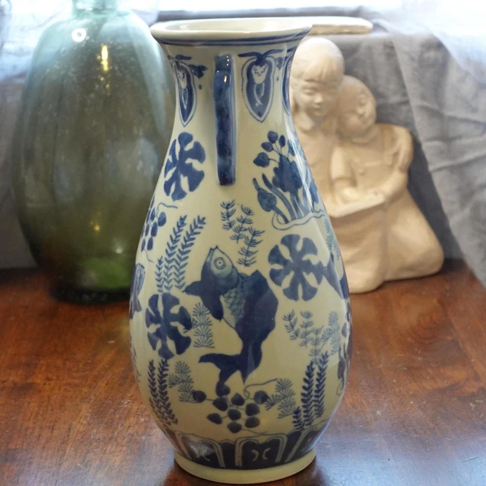 Blue and White Chinoiserie Fish‎ Motif Ceramic Vase with Handles 11 Inch Tall